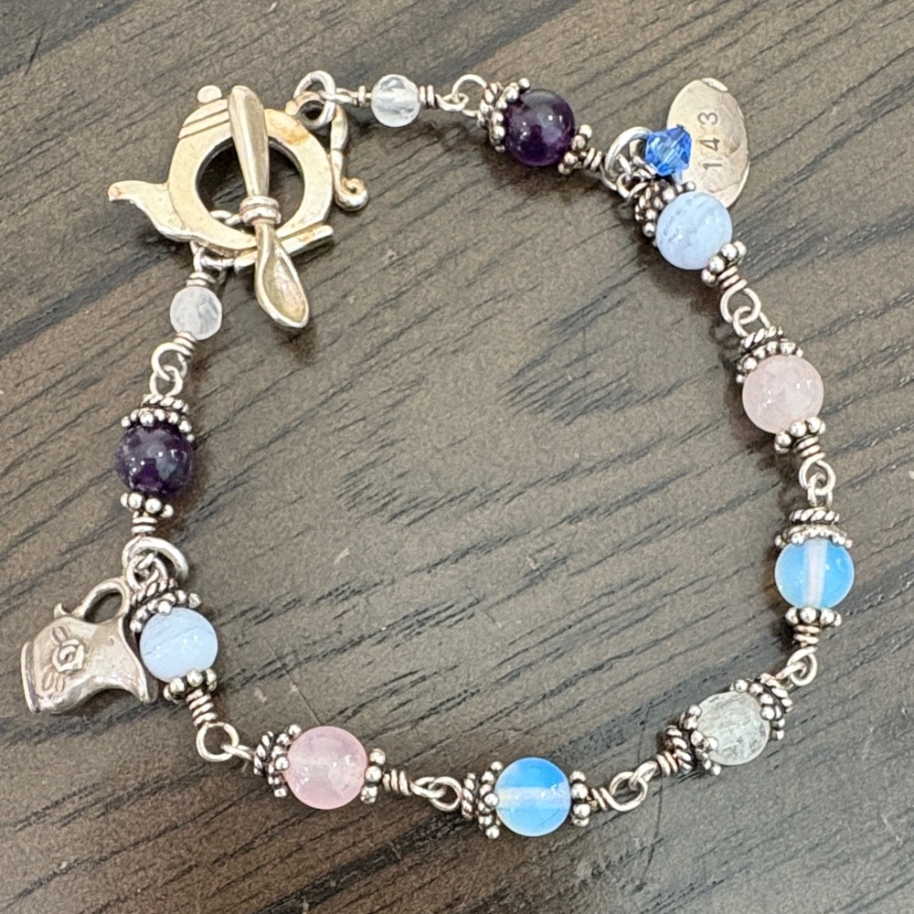 Sterling Silver Teapot Charm Beaded Bracelet - Multicolor